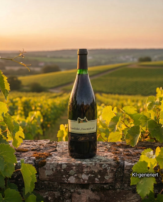 Flasche Dornfelder Rotwein trocken im Barrique gereift, Cuvée „Hau mich um“, vom Weingut Frank Dietrich auf einer Steinmauer vor Weinbergen im Abendlicht (KI-generiert)