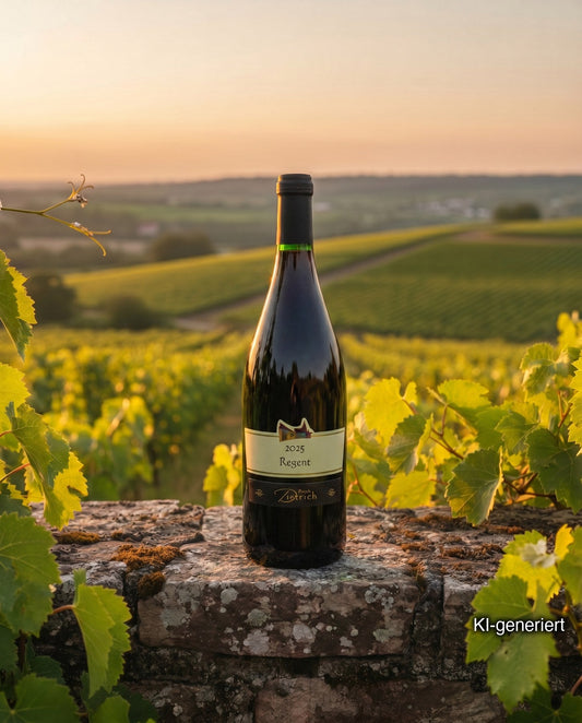 Flasche Regent Rotwein 2025 trocken vom Weingut Frank Dietrich auf einer Steinmauer vor Weinbergen im Abendlicht (KI-generiert)