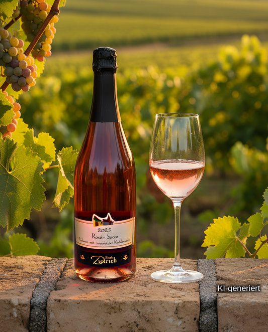 Flasche Rosé Secco 2025, Perlwein mit zugesetzter Kohlensäure, vom Weingut Frank Dietrich neben einem Glas Rosé im Weinberg (KI-generiert)