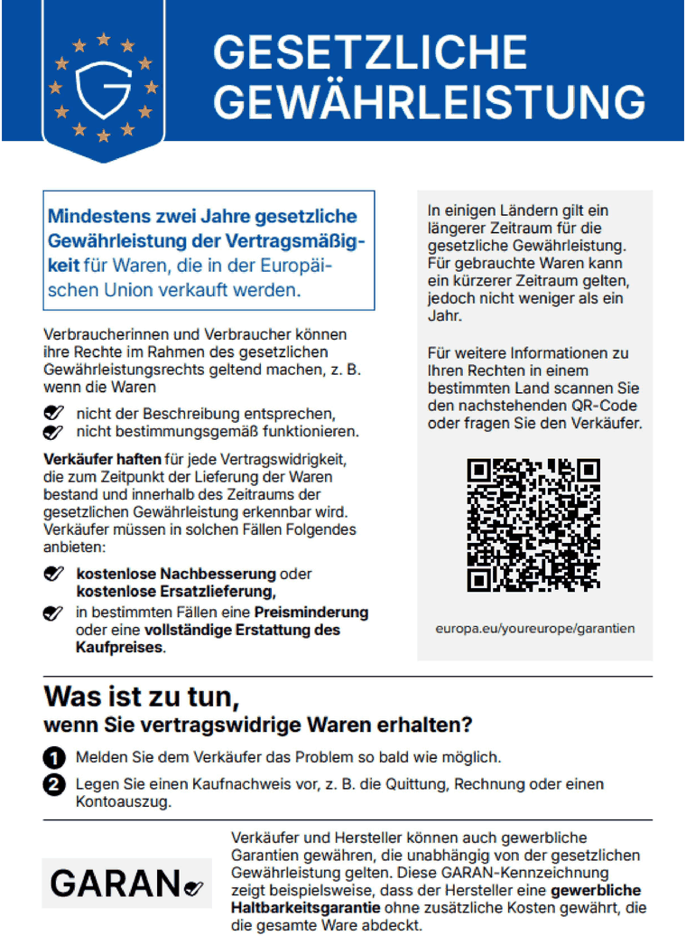 Amtlicher EU-Hinweis: Gesetzliche Gewährleistung – mindestens zwei Jahre gesetzliche Gewährleistung für Waren, die in der EU verkauft werden